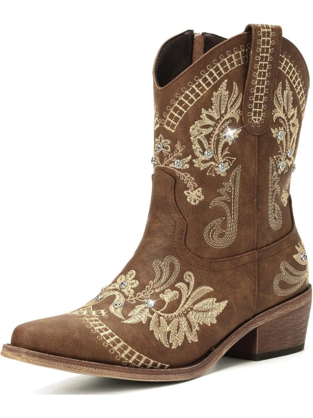Women's Brown Western Embroidered Cowgirl Boots with Sparkly Rhinestone Boots